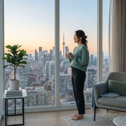 A person looking at a city view from a modern apartment