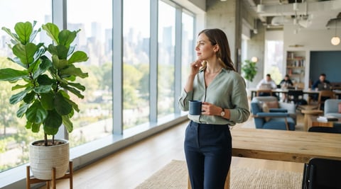 A young professional standing in a bright sunlit co-working space
