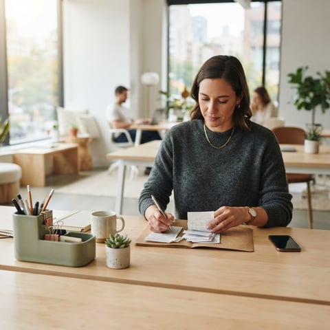 Person organizing documents on a modern desk