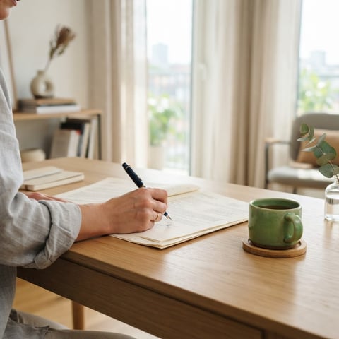 Person signing a document in a bright apartment
