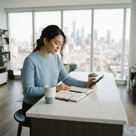 A person organizing household finances in a modern apartment