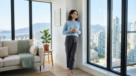 A young professional standing in a bright sunlit apartment looking out at a city skyline