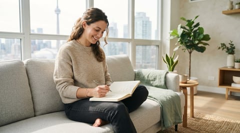 A young woman sitting peacefully on a modern sofa in a sunlit condo