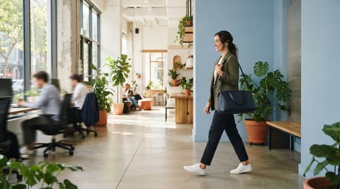 Young professional walking through a bright modern co-working space