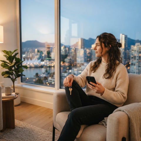 Person looking out of a modern urban apartment window