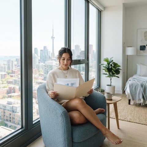 A young professional reviewing financial documents in a modern apartment