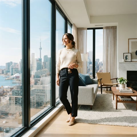 A young professional looking out a city apartment window