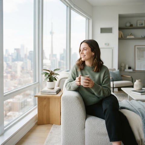 A young professional relaxing in a bright modern condo