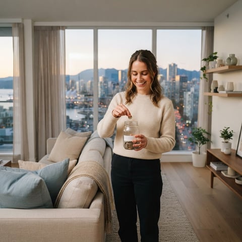 A person saving money in a jar inside a modern city apartment