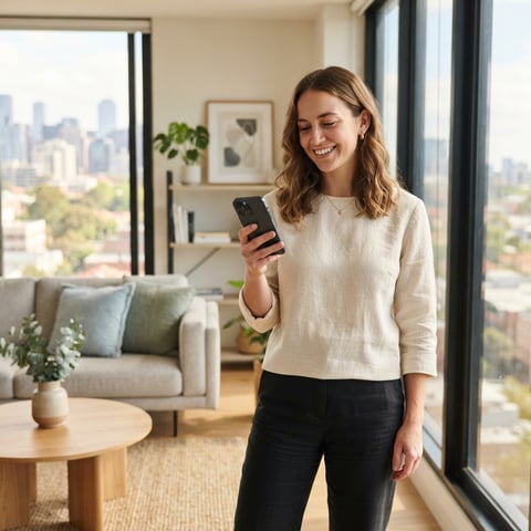 A young professional in a modern apartment feeling satisfied