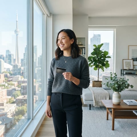 A young professional standing in a bright modern apartment