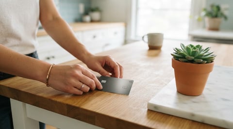 A close up of a credit card on a clean kitchen counter