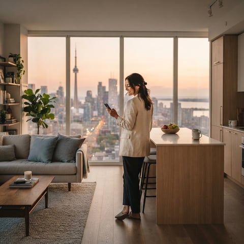 A person looking at their device in a modern apartment
