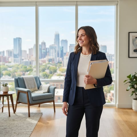 A young professional holding organized documents in a modern apartment