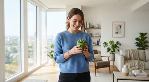 A young professional holding a small plant in a bright modern apartment
