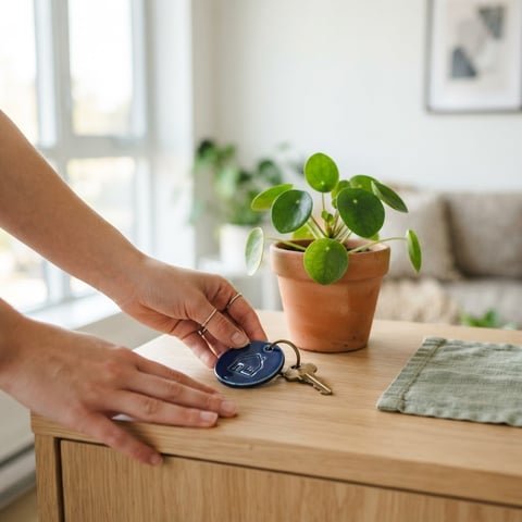 A close up of keys and a plant on a clean surface