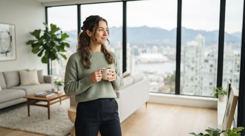 Young professional feeling calm and relaxed in a bright modern apartment