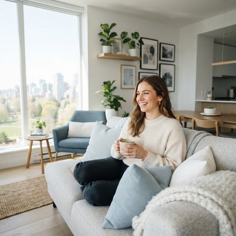 A happy young person relaxing in a bright modern apartment