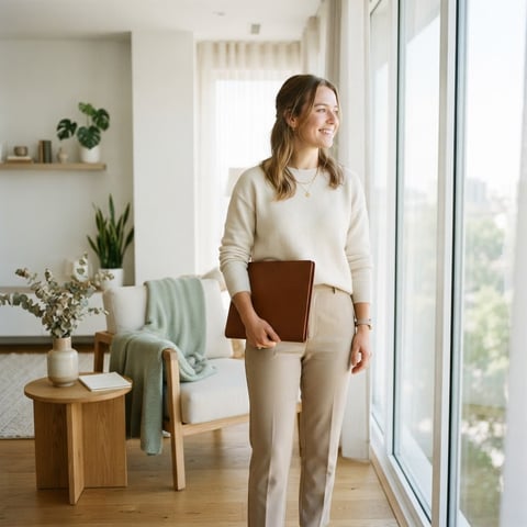 A confident young professional standing in a bright minimalist apartment