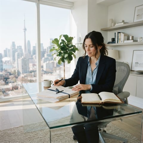 Professional landlord organizing documents in a bright airy office