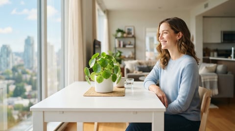 A woman smiling in a bright modern apartment