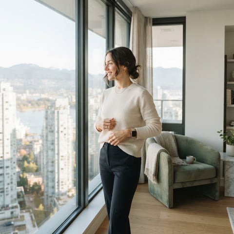 A young professional standing in a sunlit modern apartment