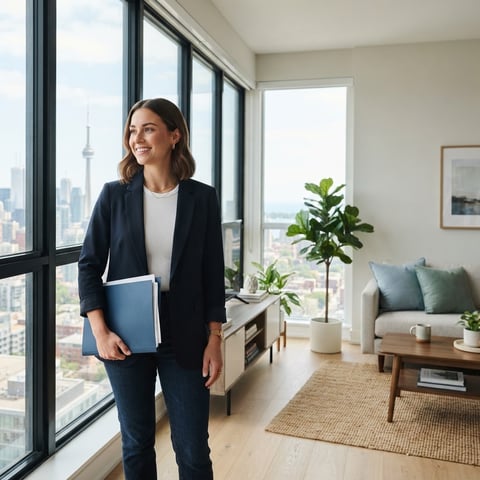 Young professional standing in a modern condo with a document folder