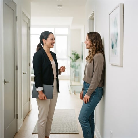 Property manager talking to a tenant in a bright hallway