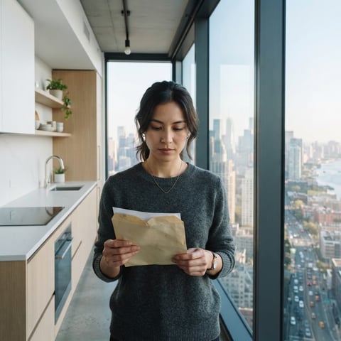 Young professional considering a paper envelope in a modern condo