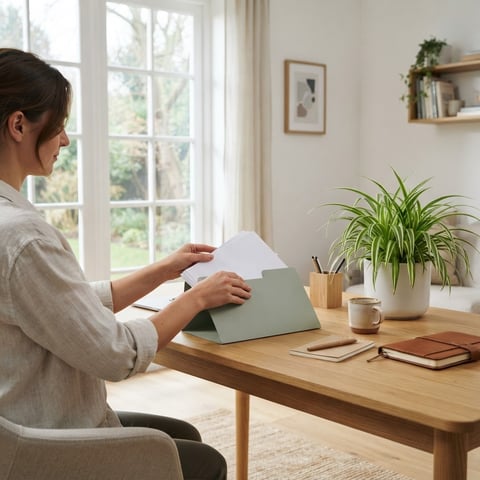 A person organizing files in a bright home office