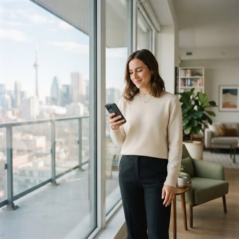 A young professional checking their phone in a modern urban apartment