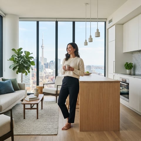 Young professional feeling empowered in a modern apartment