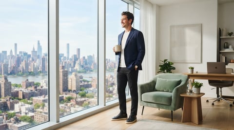 A young professional relaxing in a modern apartment looking out at the city