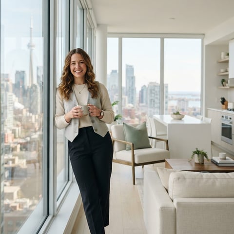 A young professional standing in a bright minimalist apartment