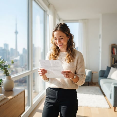 A happy tenant holding a positive rental reference letter