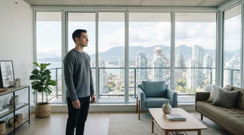 A landlord standing calmly in a bright modern apartment