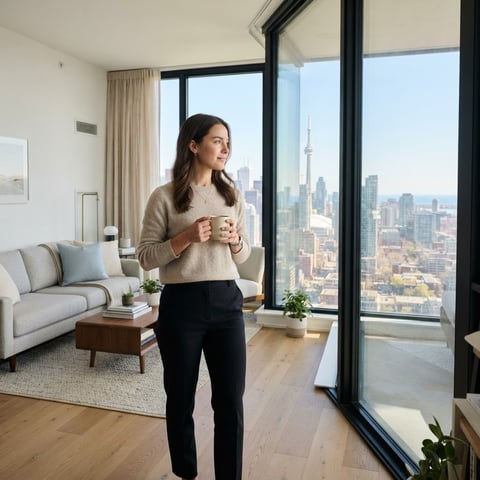 A person looking out their apartment window feeling calm