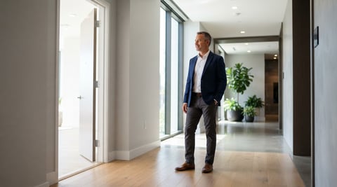 A landlord looking toward a bright doorway in a modern apartment building