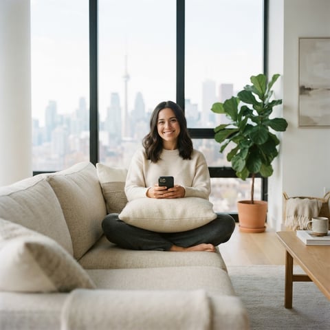 Relaxed person in a bright modern condo apartment