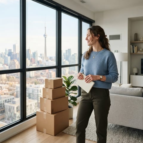 A person organizing moving boxes in a bright apartment