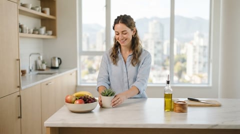 A young woman organizing a bright modern kitchen