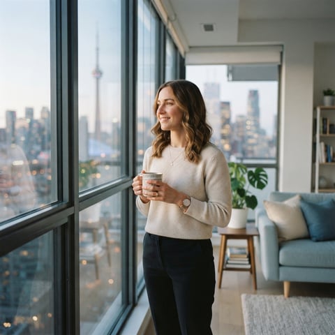 A happy renter relaxing in a modern apartment