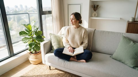 A young professional relaxing in a sunlit modern condo
