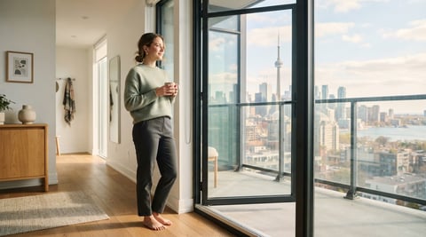 Young professional standing in a sunlit modern apartment