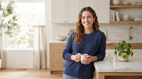 Young woman smiling in a modern bright kitchen