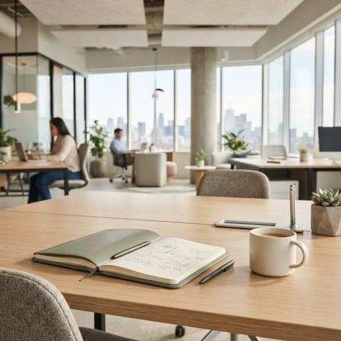 Clean modern office desk with sage green notebook