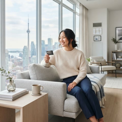 A happy professional holding a credit card in a modern condo