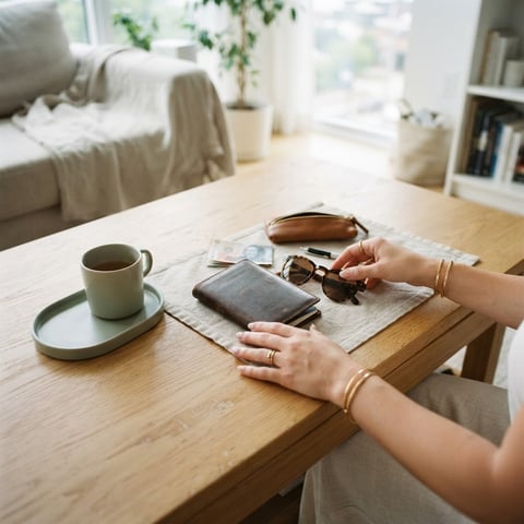 A clean and organized apartment coffee table with travel accessories