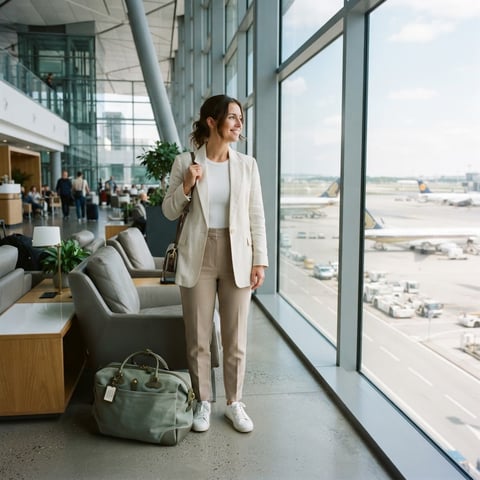 Young professional standing in an airport lounge looking out the window
