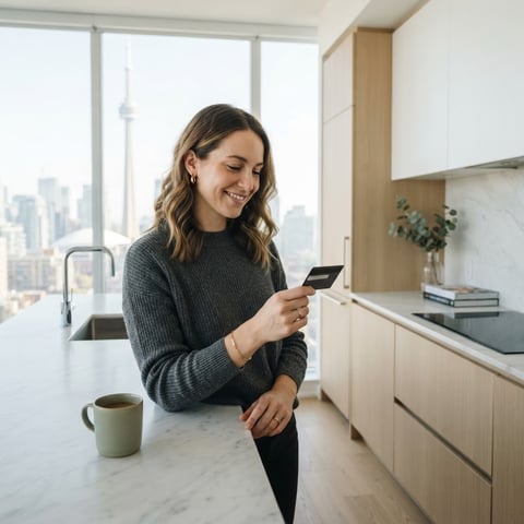 Young professional holding a credit card in a modern condo
